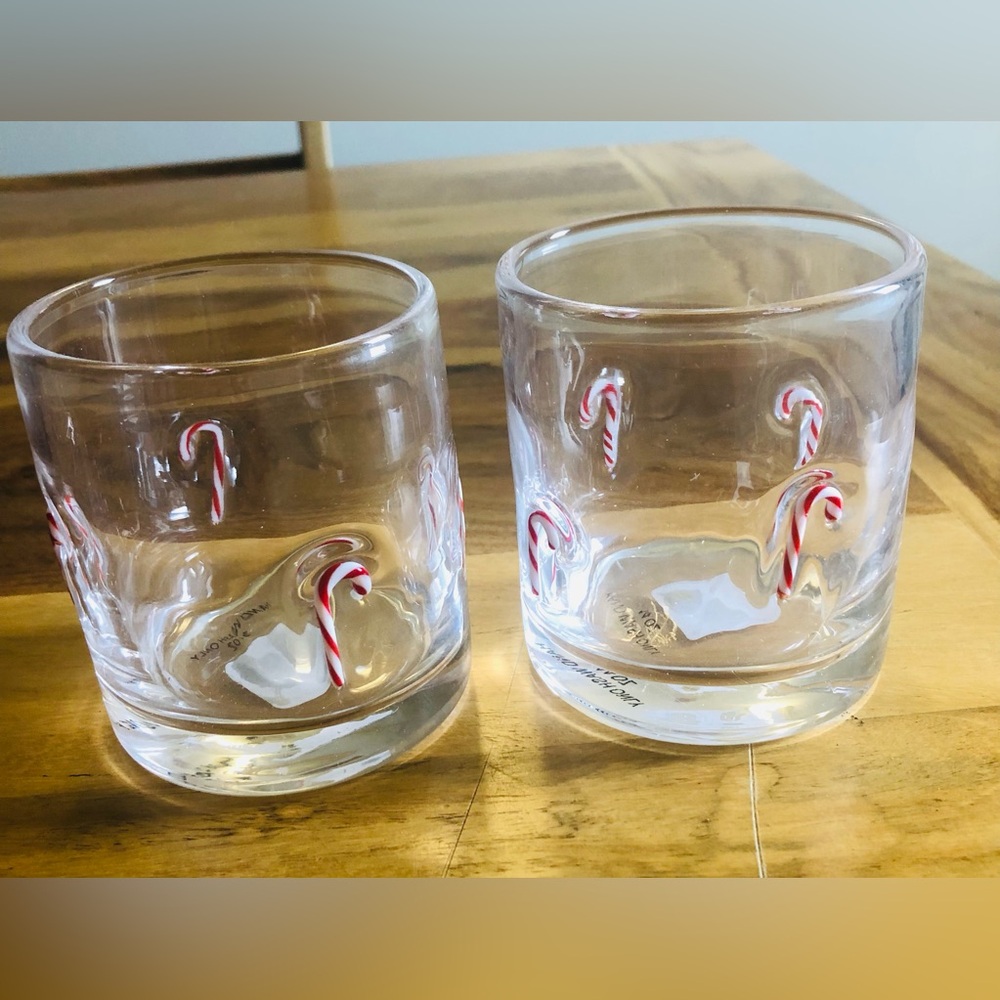Cost Plus World Market Clear Glass Tumblers with Red & White Candy Cane Accents